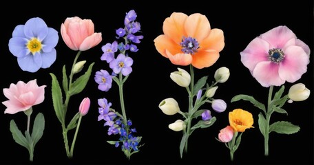 Row of six diverse flowers with unique shapes and colors, three on the left and two on the right.
