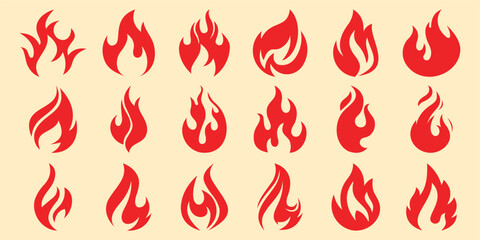 Fire flames, set vector icons Fire and flames outline icon set. Contour bonfire, linear flaming elements