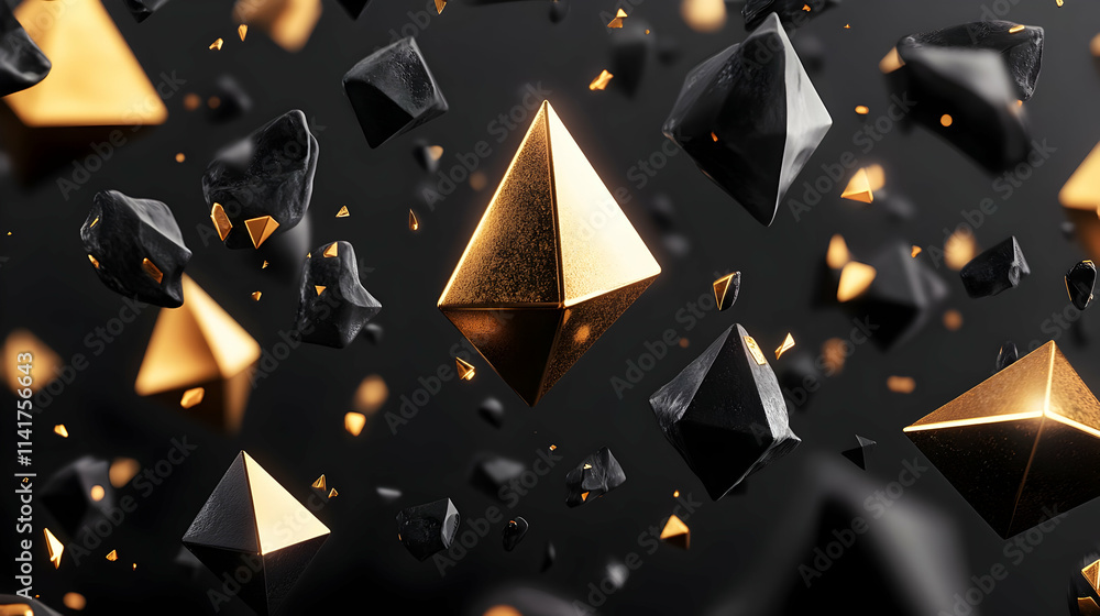 Poster abstract 3d render of gold and black geometric shapes floating in space.