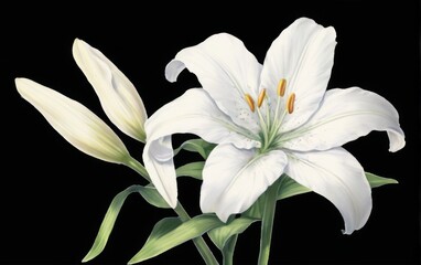 Fototapeta premium White Lily Flower Digital Illustration with Layers of Petals, Yellow Stamen, and Green Leaves on Black Background