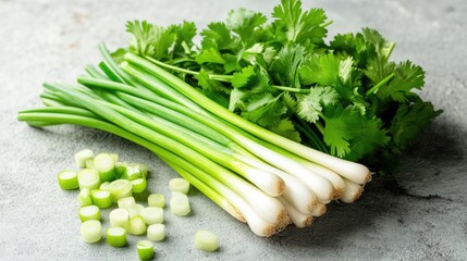 Fresh Green Onions and Cilantro on a Gray Stone Background