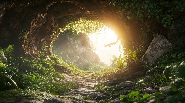Sunlight streams through a lush jungle cave entrance.