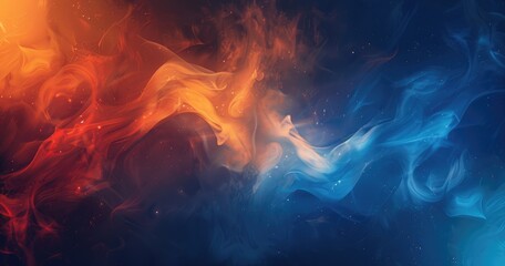 Abstract swirling colors of blue and orange create a dynamic visual effect.