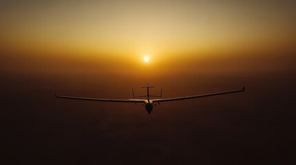A breathtaking view of a serene sunset unfolds as an aircraft glides through the sky, silhouetted against the vibrant hues of dusk. The horizon glows with warm shades