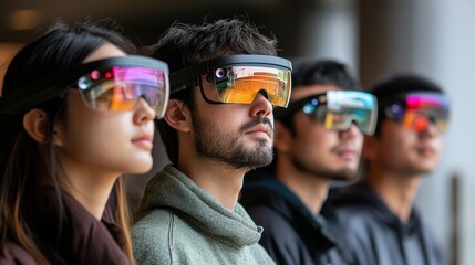 Participants engage in a technology workshop, wearing advanced visors that enhance their experience. The event takes place indoors, showcasing modern design and futuristic themes