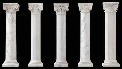 Fototapeta premium Six elegant tall white marble columns with intricate carvings on a black background.