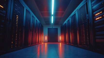 Fototapeta premium Data center, server room, blue and orange lights, computer servers, technology infrastructure