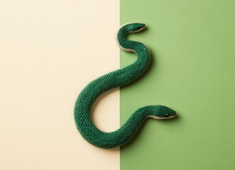 Obraz premium 2025 golden numbers, green snake shape made of wool on green and beige background. chinese new year