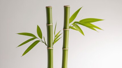 Obraz premium A minimalistic image of two green bamboo stalks with vibrant leaves against a plain background.
