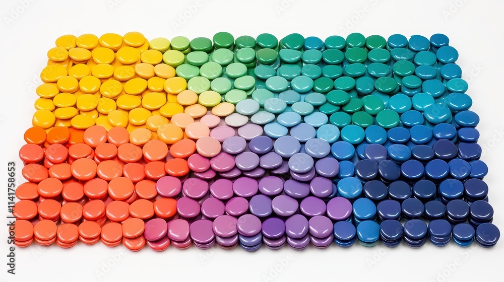 Poster a colorful arrangement of circular disks in a gradient pattern, showcasing vibrant hues from red to 