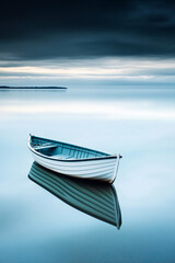 Naklejka premium A lone boat drifting on a still ocean