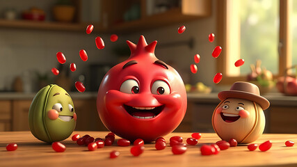Obraz premium Cheerful Cartoon Pomegranate, Pistachio, and Nut Sharing a Festive Treat
