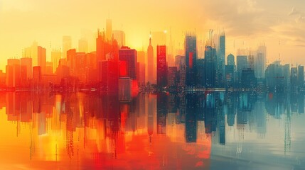 Obraz premium Cityscape Reflected in Water at Sunset