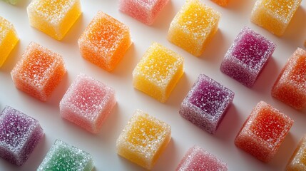Colorful square jellies arranged in a pattern on white background.
