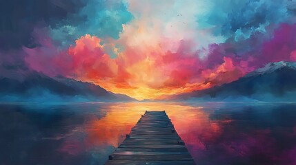 Colorful sunset over calm lake with wooden dock.