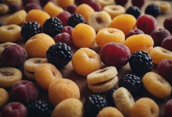 Colorful dried apricots, blackberries, raspberries and blueberries. Generated by AI