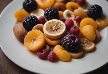 Dried fruits and berries on a plate. Selective focus. Generated by AI