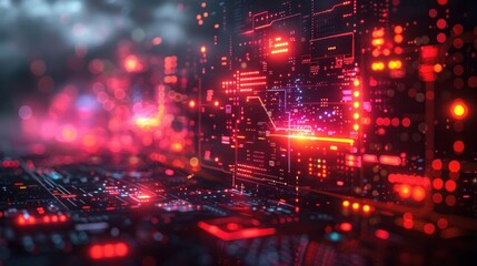 Obraz premium Abstract Digital Circuitry Background with Glowing Red Lights
