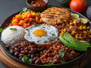 A Delicious and Colorful Bowl of Food with Grilled Cornbread, Fried Egg, and Black Beans