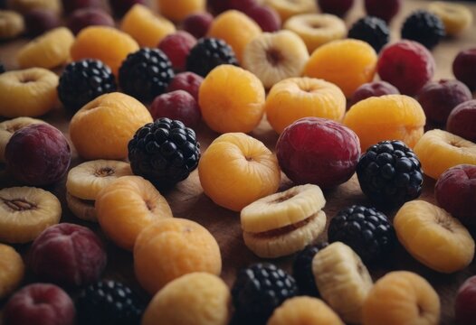 Colorful dried apricots, blackberries, raspberries and blueberries. Generated by AI