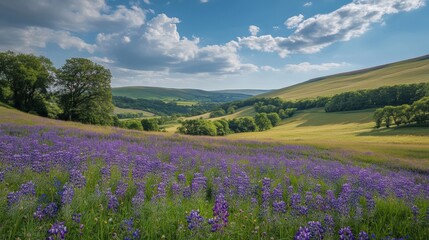Obraz premium Vibrant Purple Flowers in a Lush Green Valley Under a Blue Sky