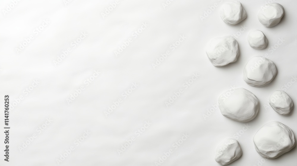 Poster a minimalist composition featuring white, spherical forms arranged on a light background, creating a