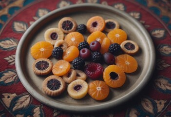 AI generated various types of fruit in a plate on a wooden background.