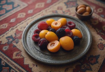 AI generated fruits in an ancient metal plate on the background of the oriental carpet