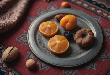 AI generated citrus fruits on a vintage plate. Tangerine, blackberrycot, walnut. Diet