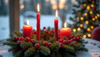 Close-Up Advent Wreath with Red Berries and Flickering Candles