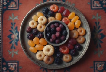 AI generated mix of dried fruits in a bowl on the table, top view