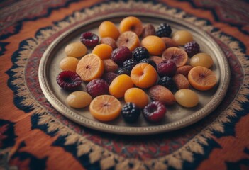 AI generated mix of dried fruits and berries on a plate. Selective focus.