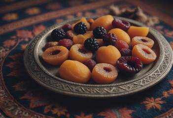 AI generated mixed dried fruits in a vintage metal plate, placed on a carpet. Selective focus.