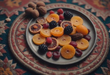 AI generated mix of dried fruits on a plate, placed on a carpet, selective focus. Toned.