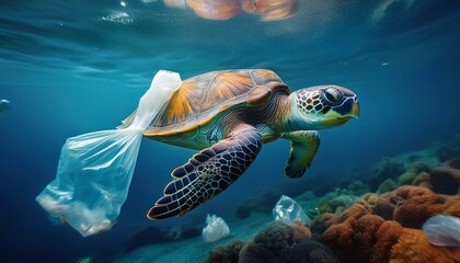 Fototapeta premium Turtle Eat Plastic Bag - Turtle In The Sea