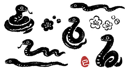 ヘビのスタンプ風イラストセット