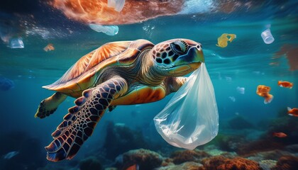 Fototapeta premium Turtle Eat Plastic Bag - Turtle In The Sea