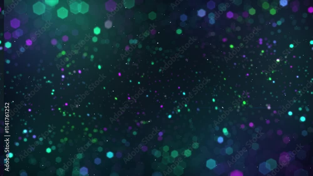 Poster an abstract animation with colorful particles and a bokeh effect, creating a festive and celebratory