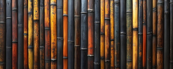 Natural dry bamboo architectural wall for Japanese style interior or exterior design. Black bamboo plank fence texture is used as background with empty space for design.