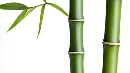 Fototapeta premium A close-up of green bamboo stalks and leaves, showcasing their smooth texture and vibrant color against a clean white background.