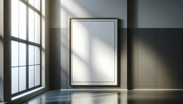 Frame Blank framed poster with a thin metallic frame in a modern hallway with soft window light casting so3