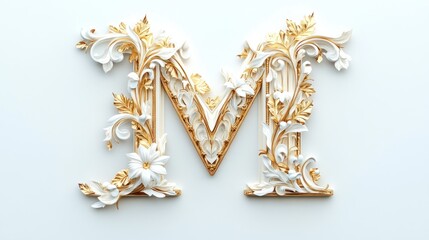 Obraz premium Ornate capital letter M, detailed decorative design in gold and white.