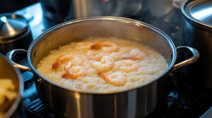 Cooking Shrimp with Rice in Stainless Steel Pot on Stove Top