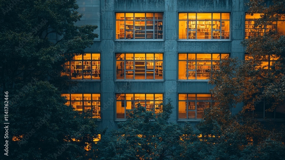 Poster A building with many windows and a tree in front of it