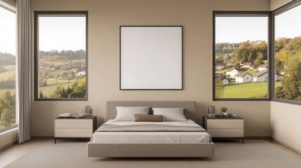 Fototapeta premium A minimalist bedroom with a blank poster on a beige accent wall, a modern bed, and nightstands. Expansive windows reveal a village view with small homes, trees, and rolling hills.