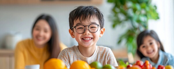Fototapeta premium Chinese New Year symbolic gifts concept. A cheerful child with glasses smiles at the camera, surrounded by fruits, while two adults are seen in the background.