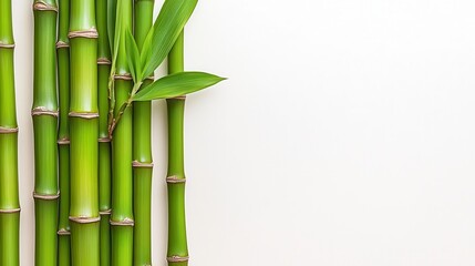 Fresh bamboo stalks with lush green leaves against a clean white background, symbolizing nature and tranquility.