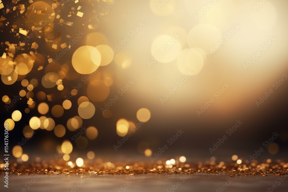 Poster golden confetti falling onto a sparkling surface creating a festive atmosphere with bokeh effect