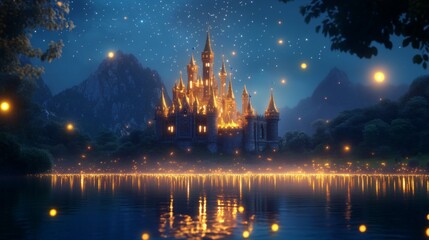 Fototapeta premium Magical castle at night, illuminated, reflecting in calm water, surrounded by mountains and fireflies.