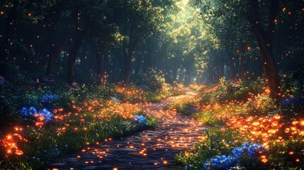 Magical forest path, glowing flowers, fireflies.